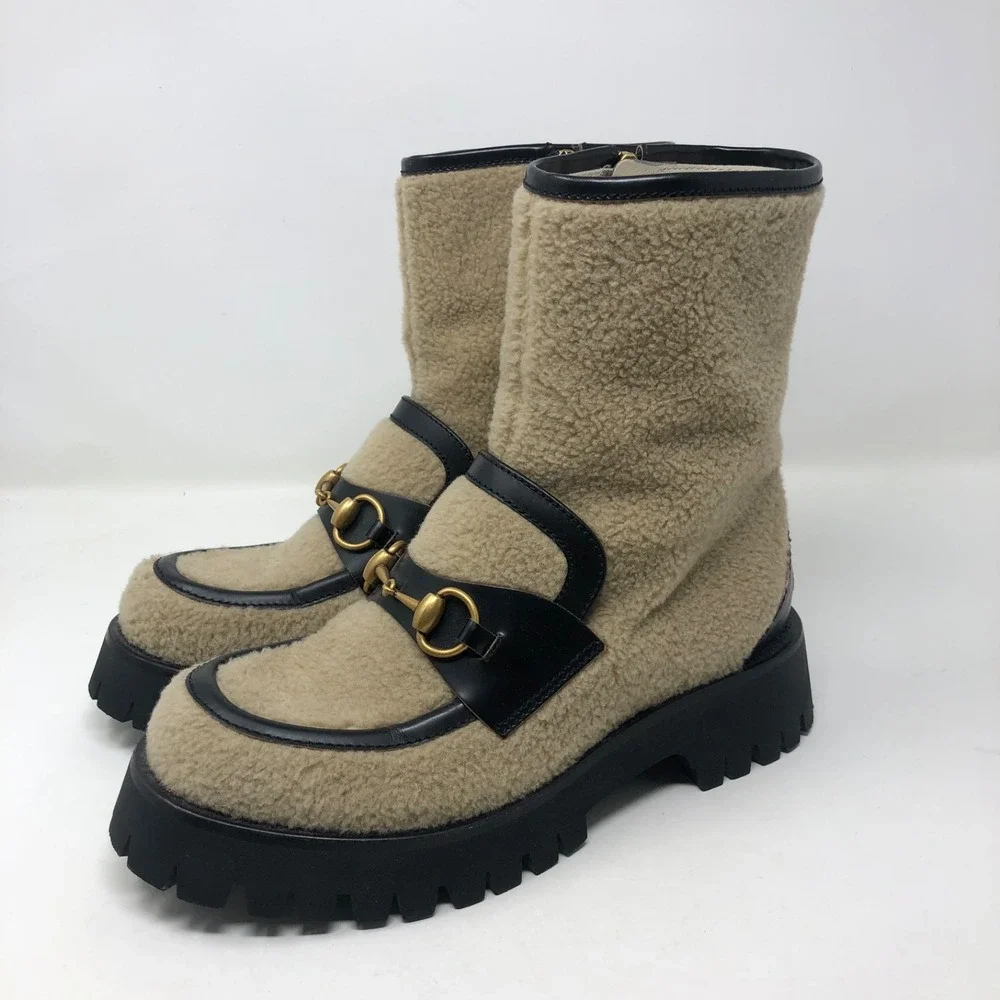 Gucci Ankle Shearling Combat‎ Boot Horsebit Womens 37.5 US 7.5 Beige Designer